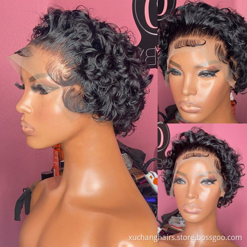 Wholesale Pixie Cut Wigs Short Bob Curly Human Hair Wigs Cheap Virgin Brazilian Hair Glueless Transparent 13x1 Lace Frontal Wig